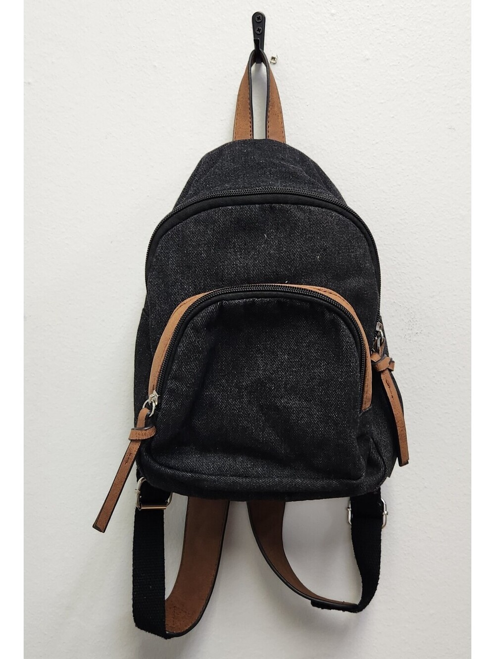 Bueno Mini Denim Backpack Purse Black Faux Leather Trim Small Casual Travel Bag